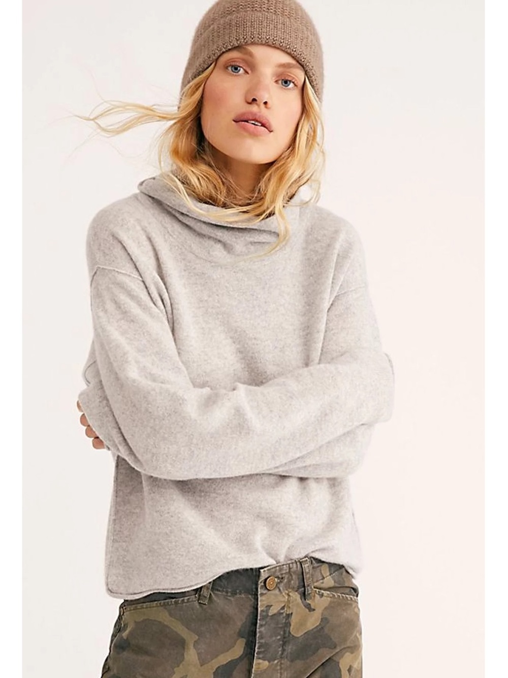 Free People Light Gray Cashmere Cowl-Neck Sweater